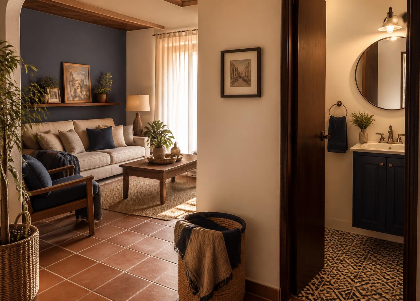 Sala de una casa colombiana junto al baño de visitas